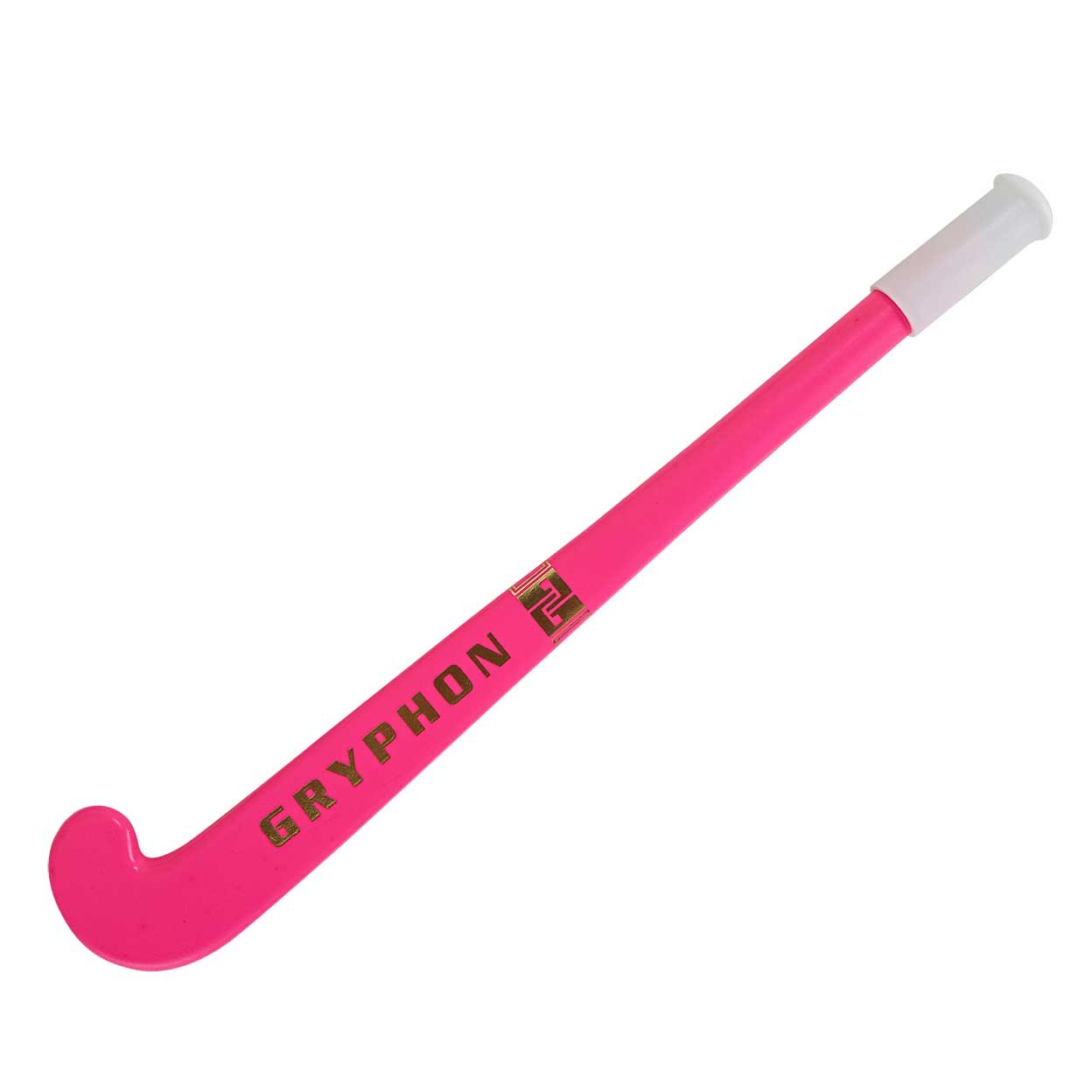 Pink field hockey stick pen with the cap on.