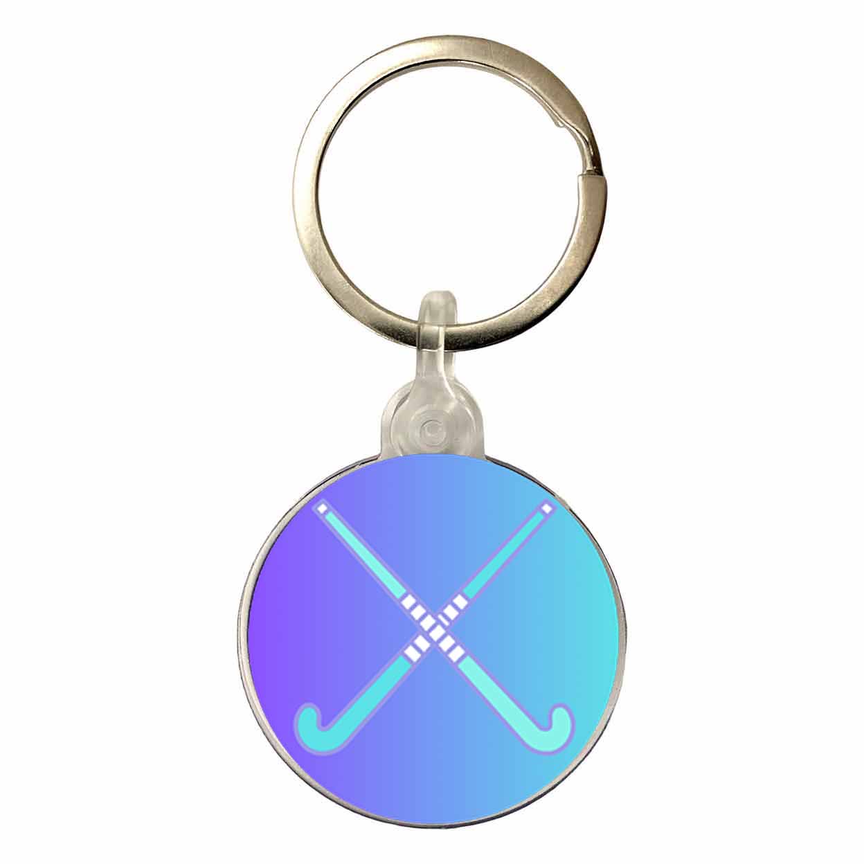 Keychain with crossed field hockey sticks and a gradient blue and purple design on a white background