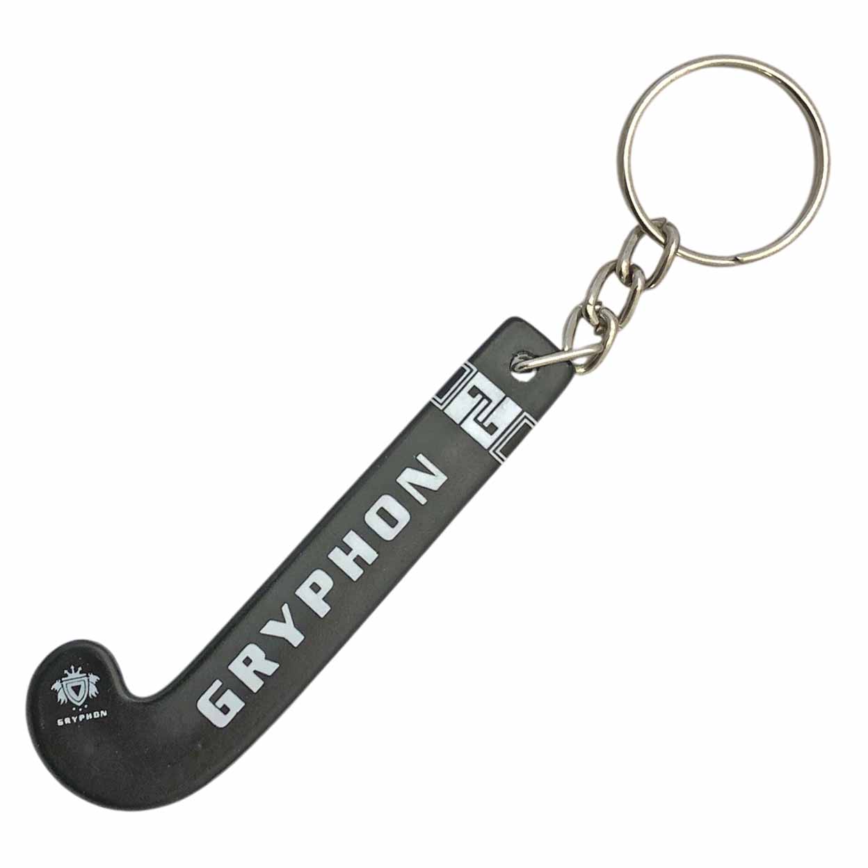 Keychain shaped like a hockey stick with 'Gryphon' branding on a white background