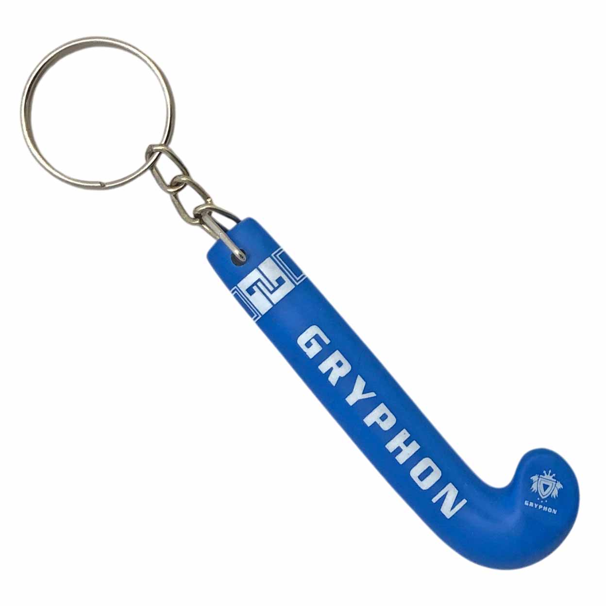 Blue keychain shaped like a hockey stick with 'Gryphon' branding on a white background