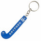 Blue keychain shaped like a hockey stick with 'Gryphon' branding on a white background
