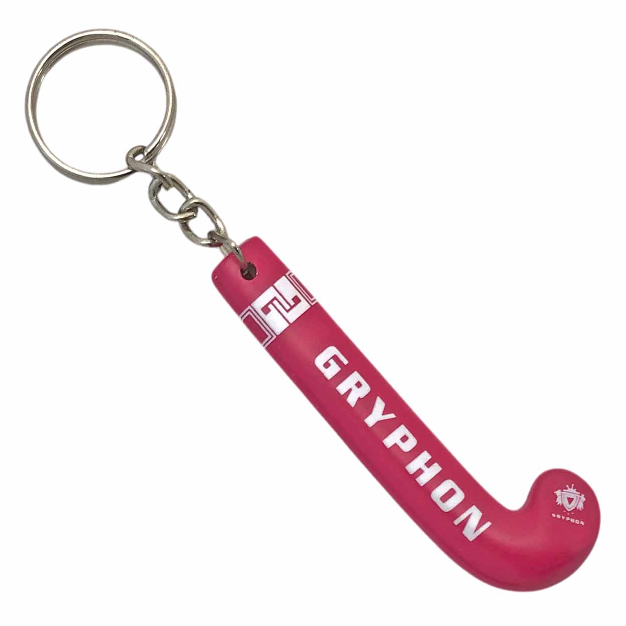 Pink keychain shaped like a hockey stick with 'Gryphon' branding on a white background