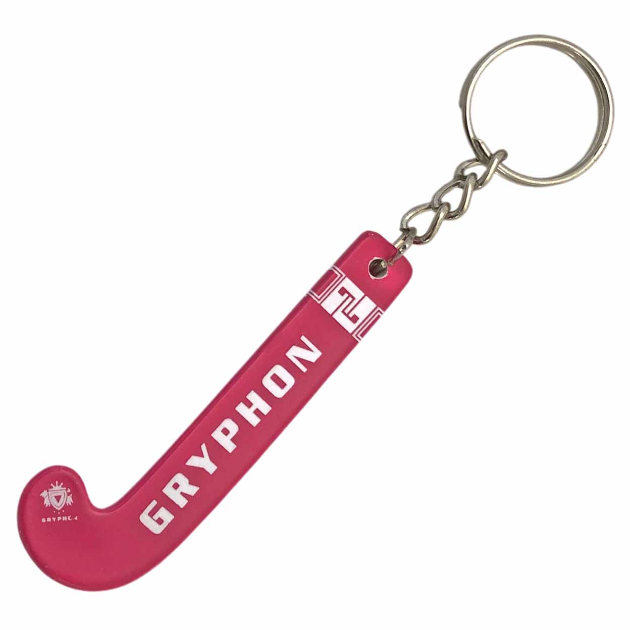 Pink keychain shaped like a hockey stick with 'Gryphon' branding on a white background