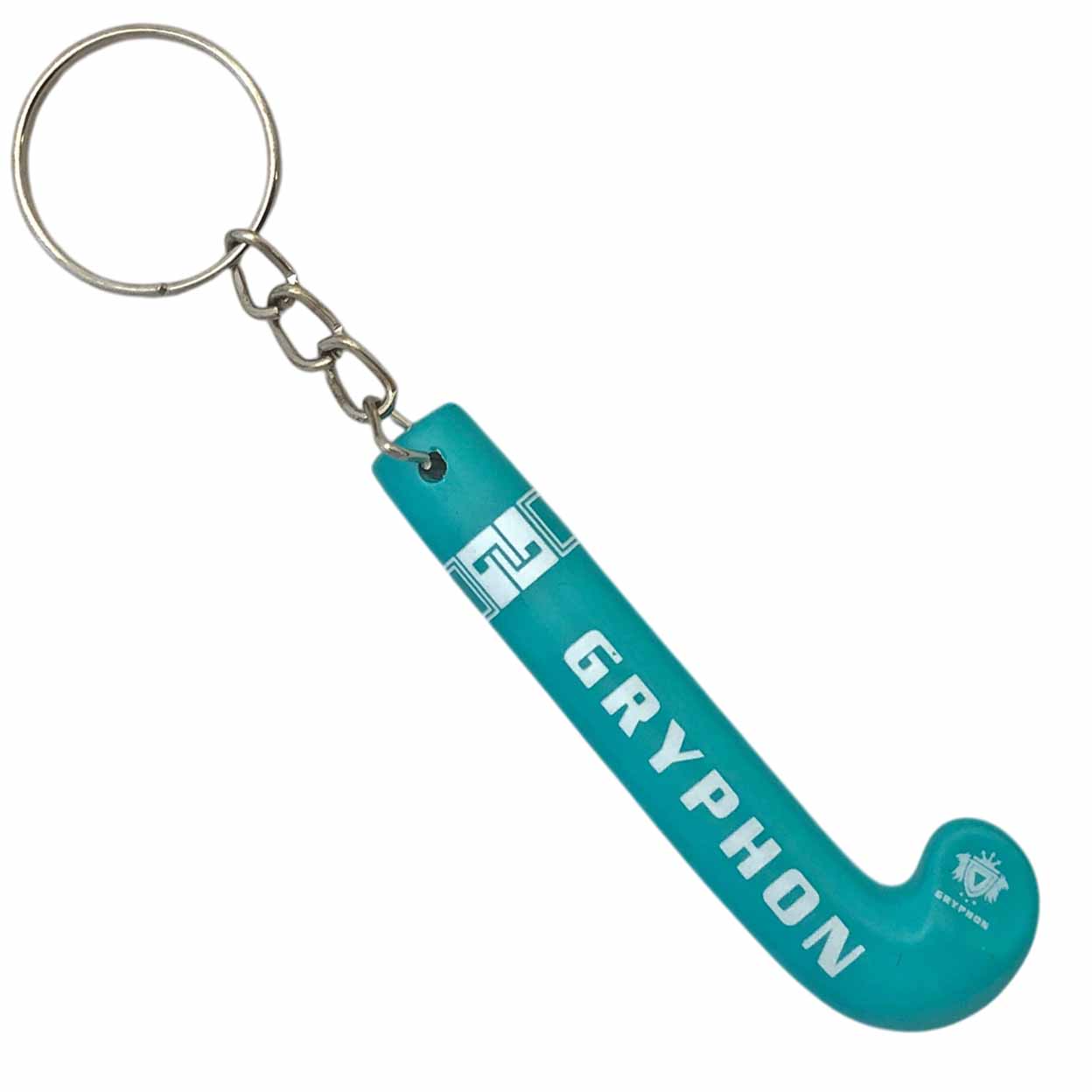 Teal hockey stick keychain with 'Gryphon' branding on a white background