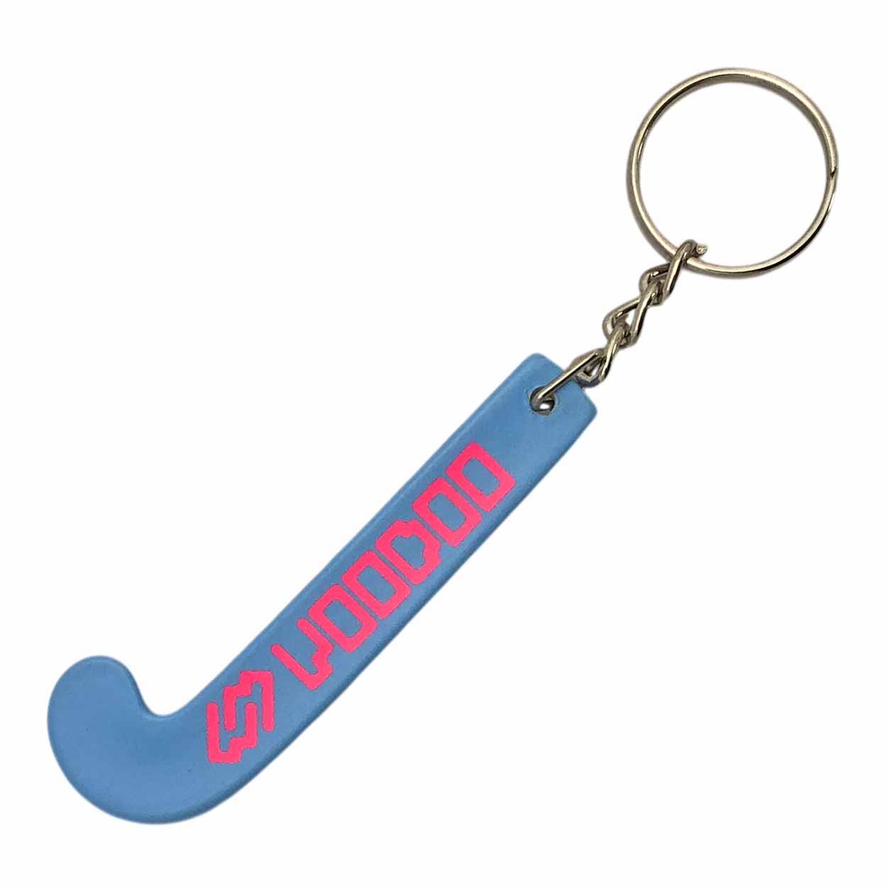 Blue keychain shaped like a hockey stick with red text on a white background
