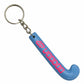 Blue keychain shaped like a hockey stick with pink logo on a white background