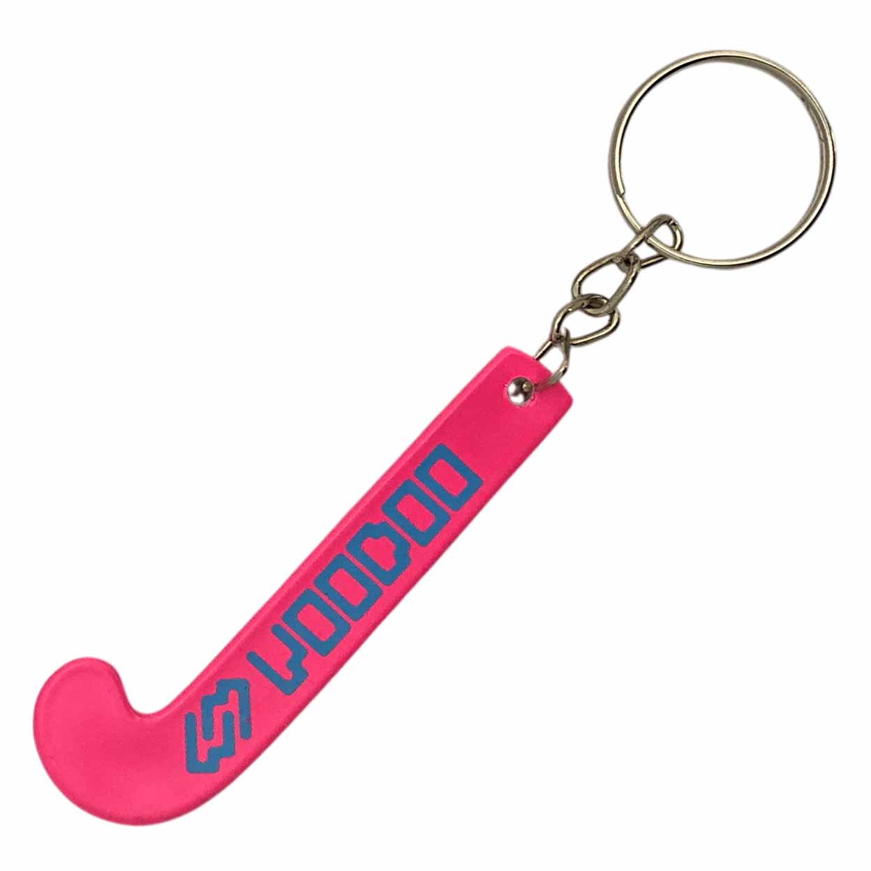 Pink keychain shaped like a hockey stick with 'VooDoo' branding on a white background