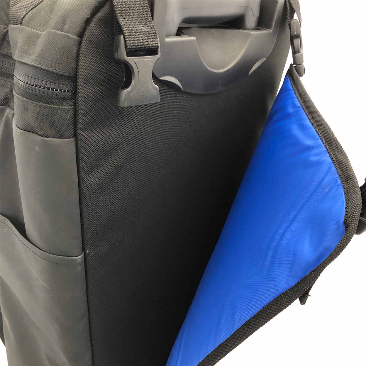 Black with blue pocket interior on a white background