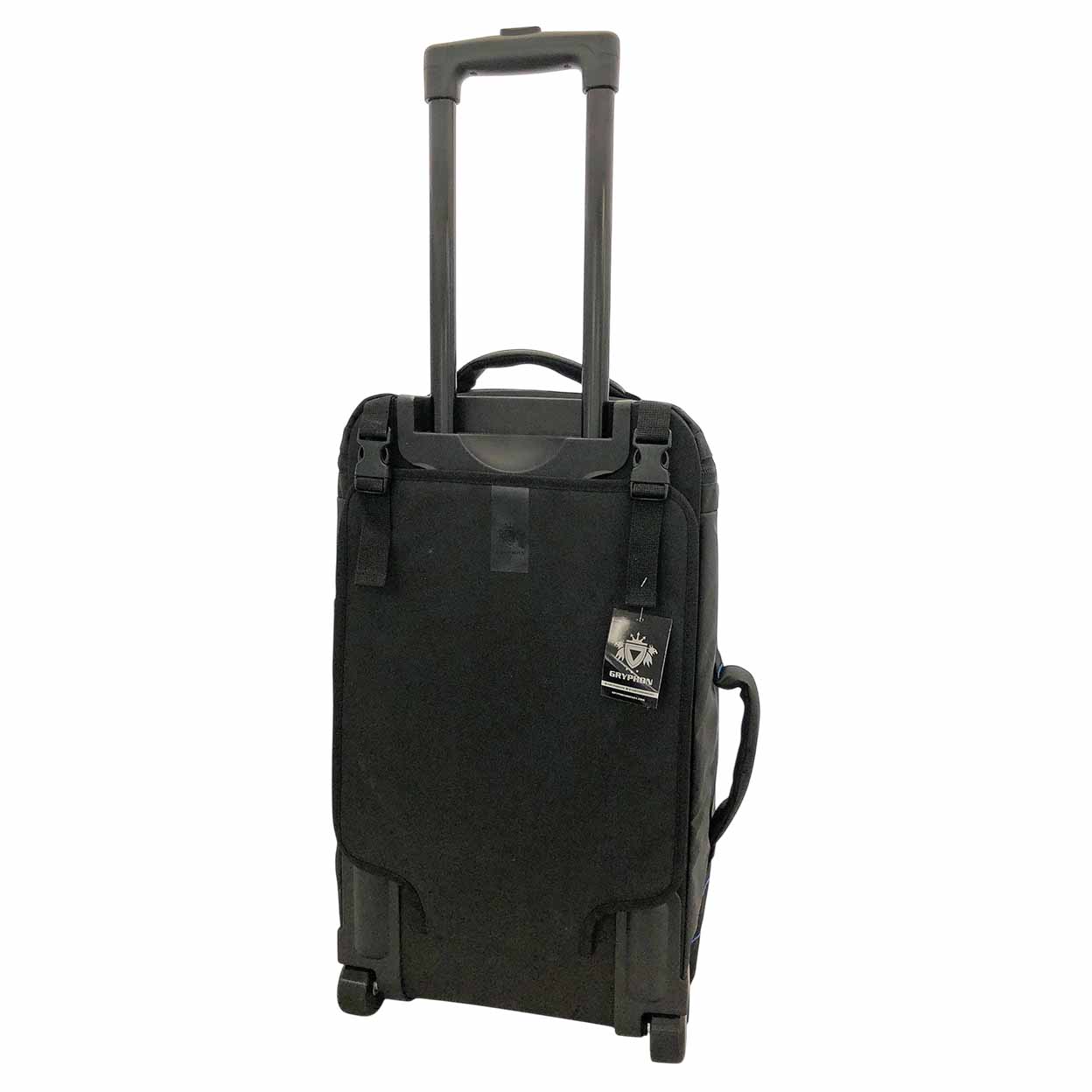 Black suitcase with a handle and wheels on a white background
