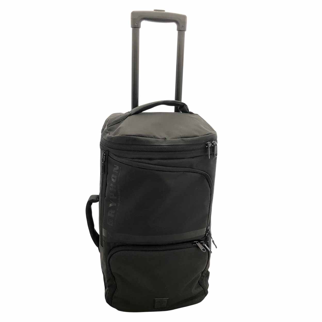 Black rolling duffel bag on a white background
