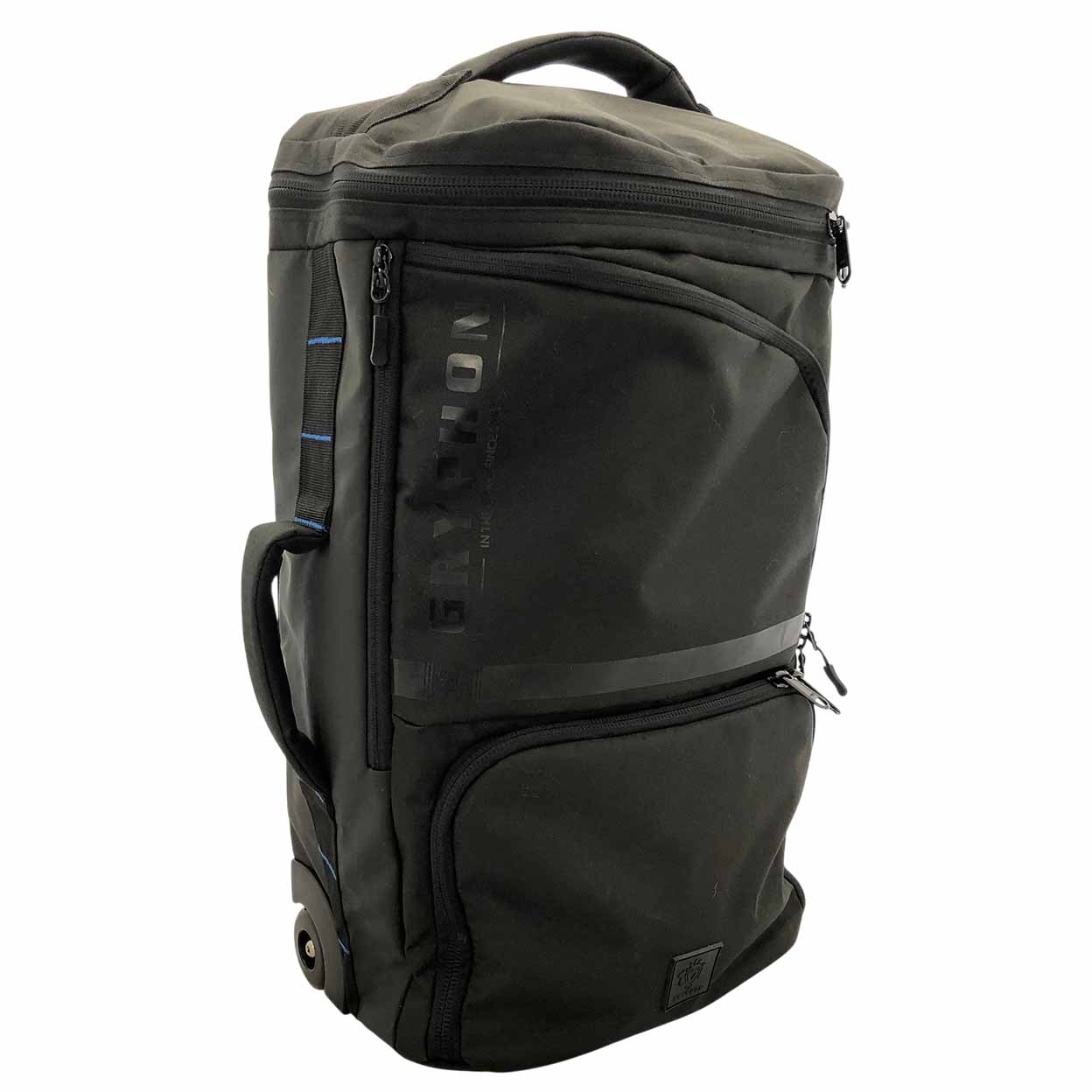 Black travel bag with wheels on a white background