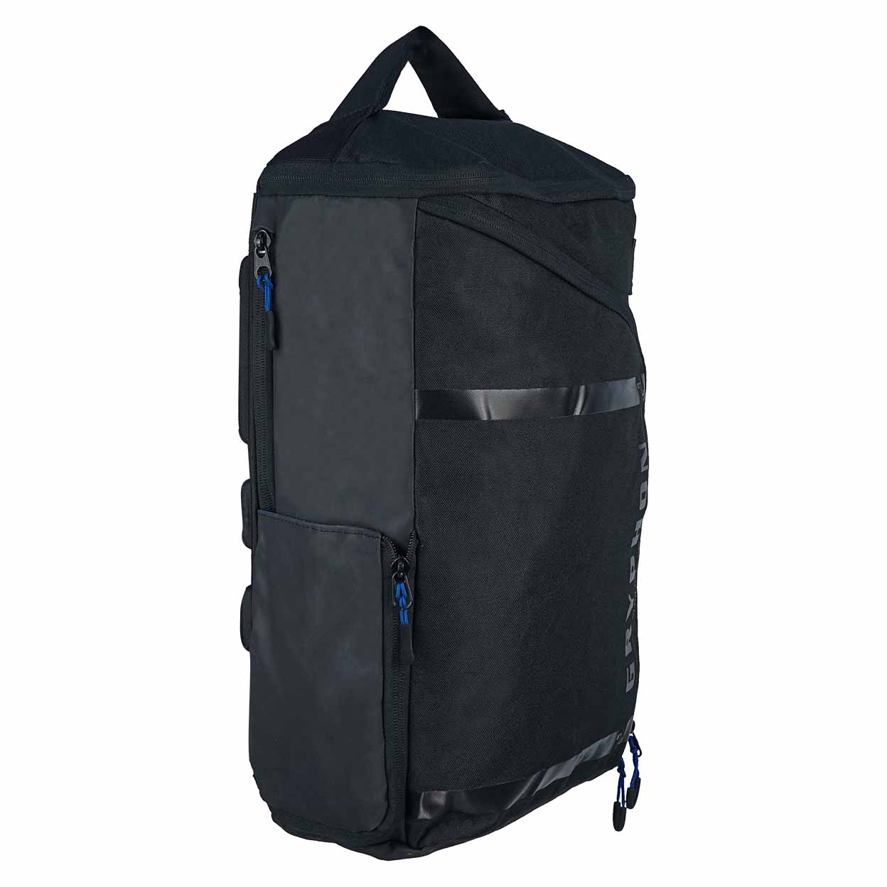 Black backpack with blue zippers on a white background
