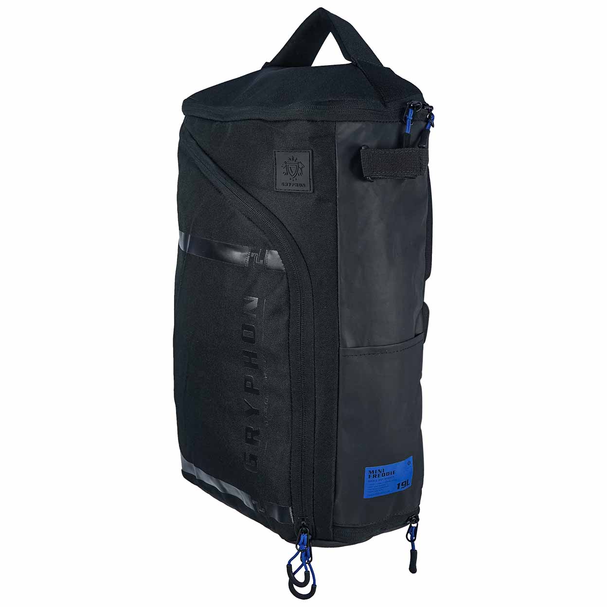 Black backpack with blue accents on a white background