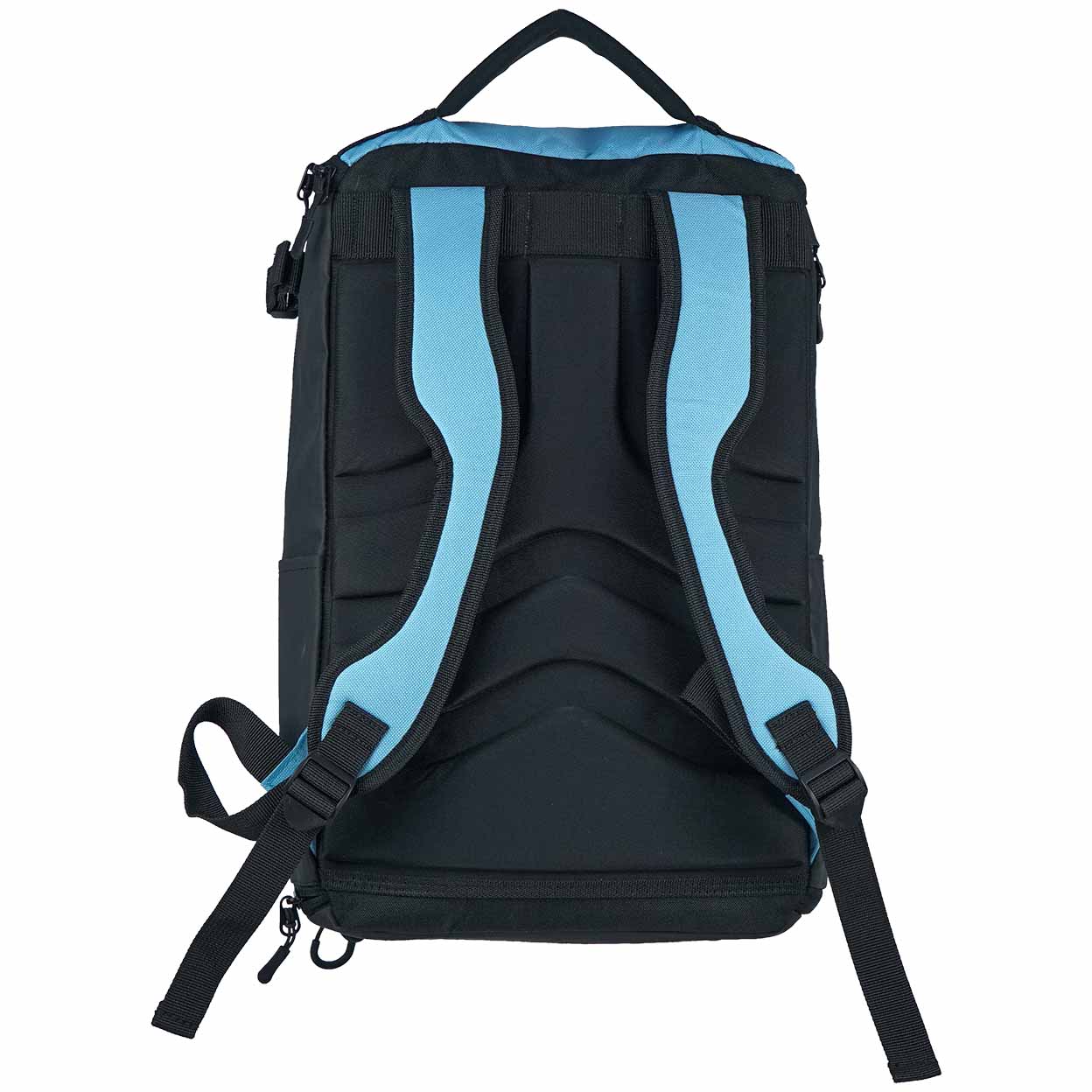 Black backpack with blue accents on a white background