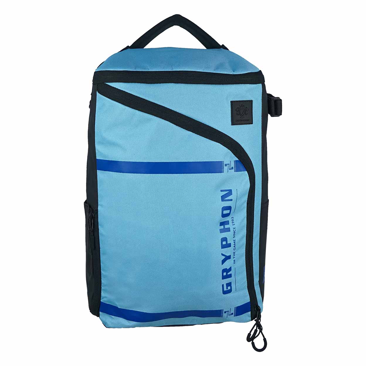 Blue backpack with black straps on a white background
