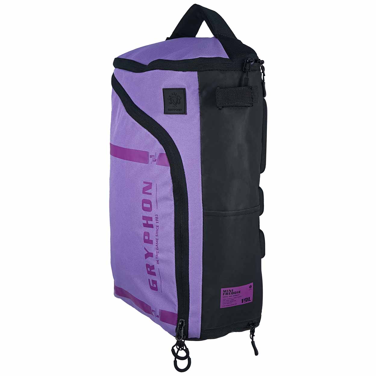 Purple and black bag with 'Gryphon' branding on a white background