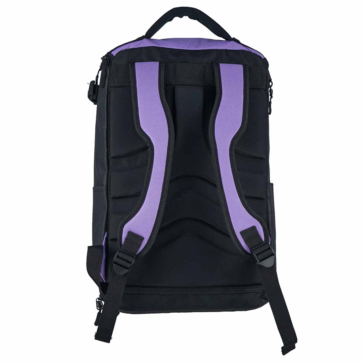 Black backpack with purple accents on a white background