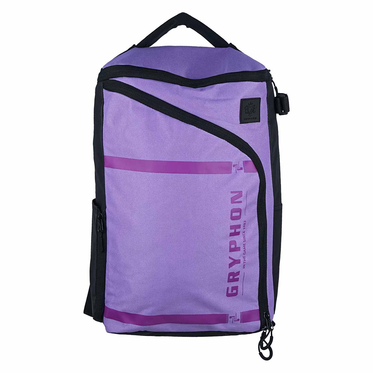 Purple backpack with black accents and 'Gryphon' branding on a white background