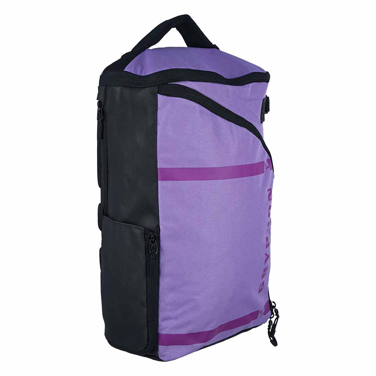 Purple and black backpack on a white background
