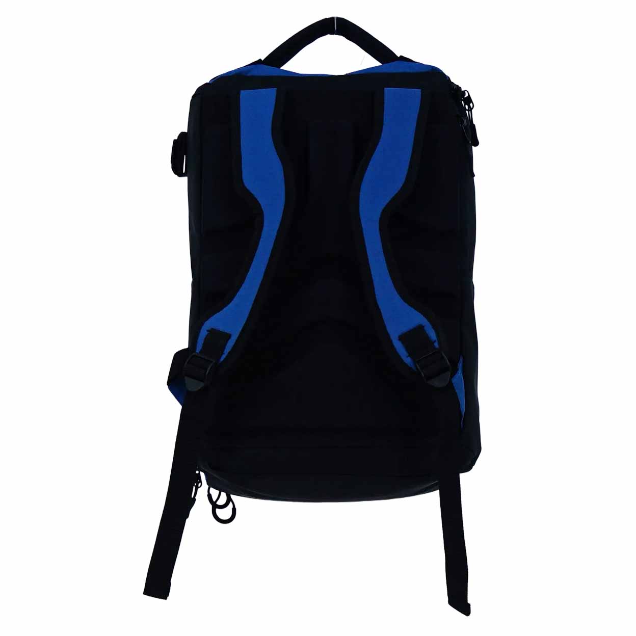 Black backpack with blue accents on a white background