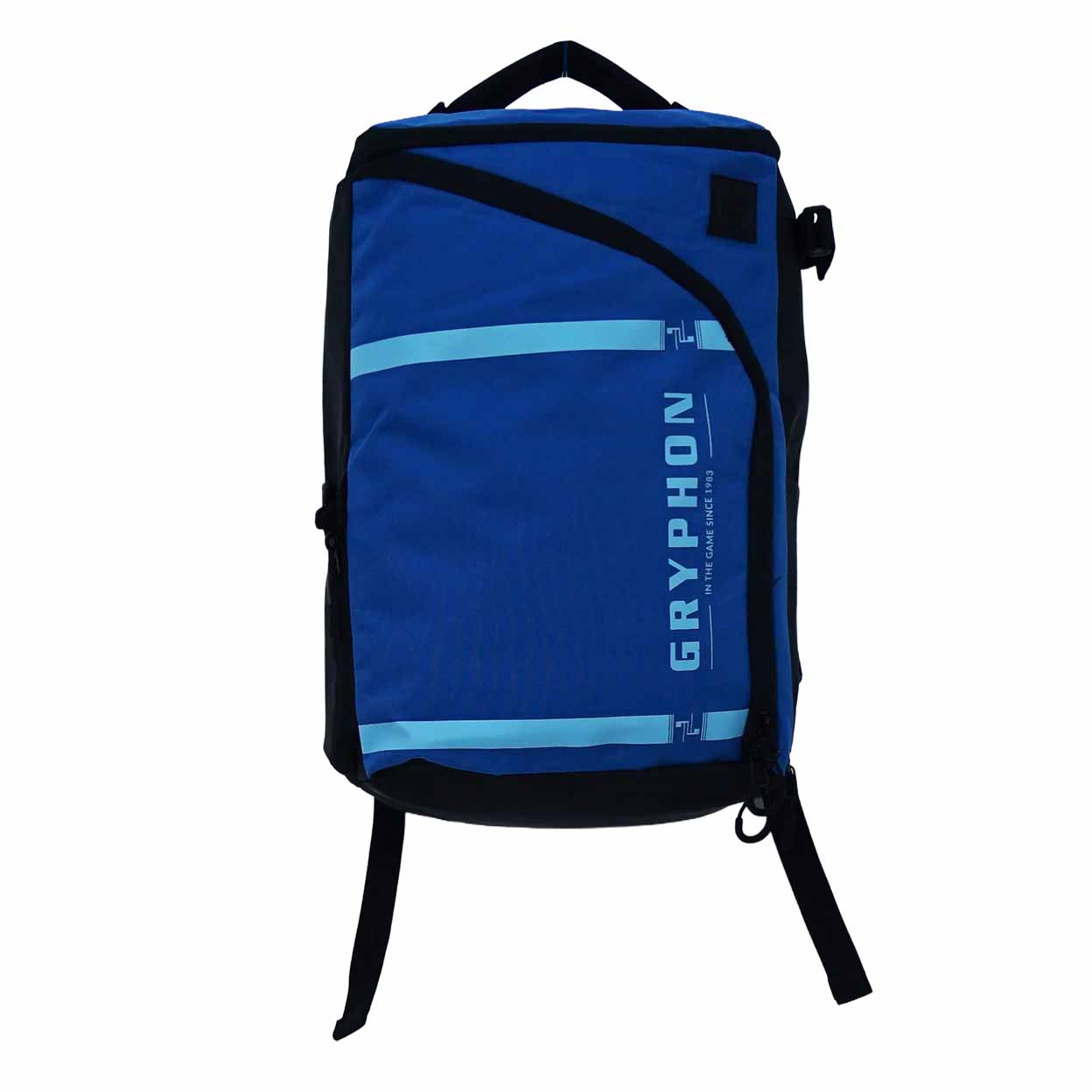 Blue backpack with black straps on a white background