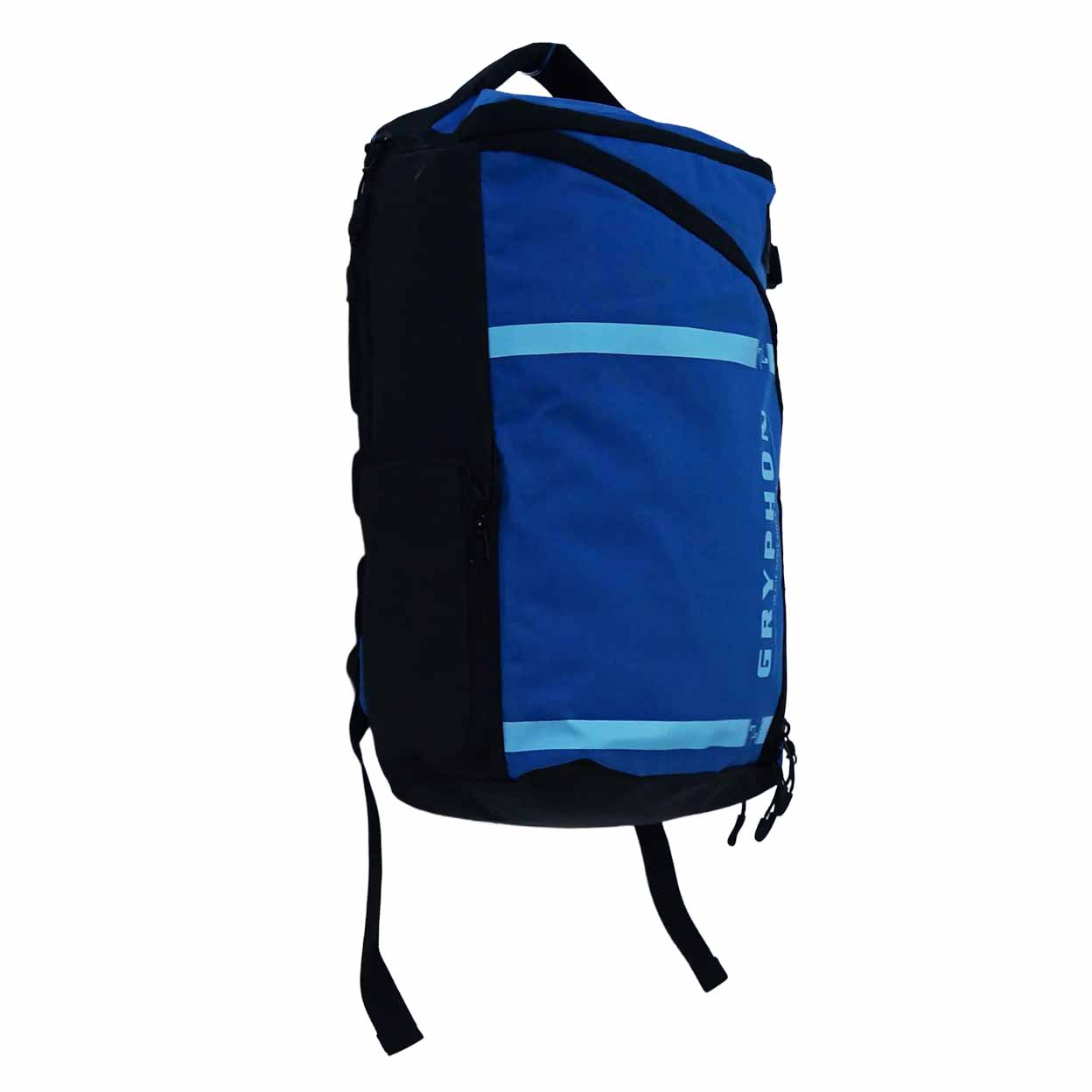 Blue and black backpack on a white background
