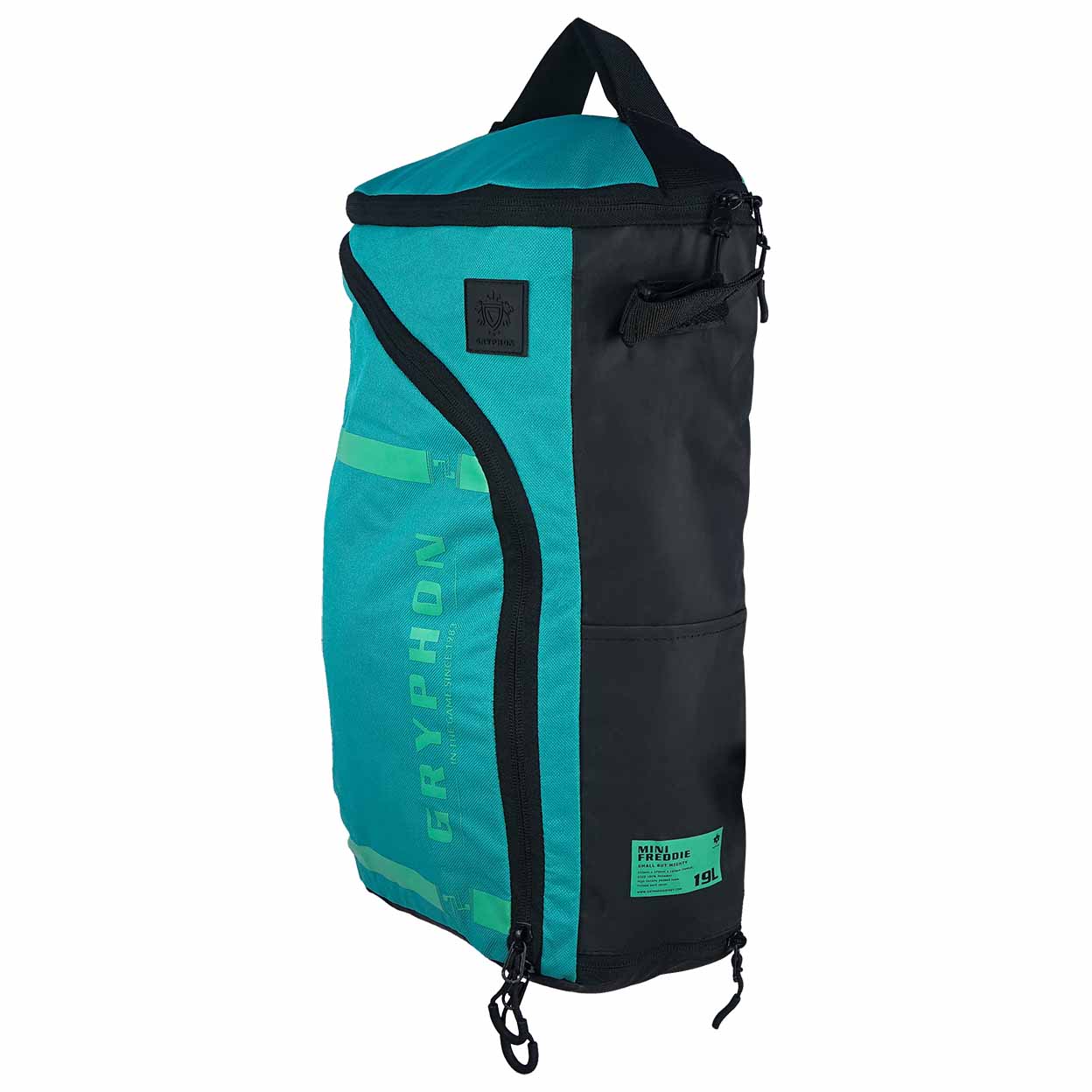 Teal and black bag with 'Gryphon' branding on a white background