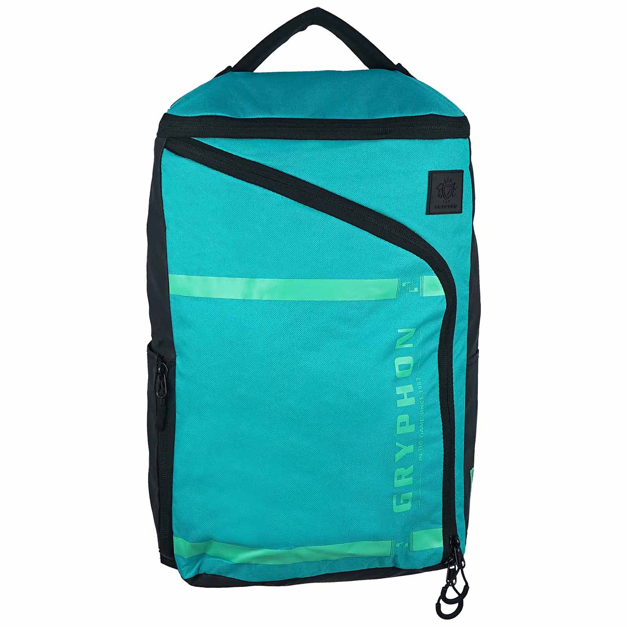 Teal backpack with black accents on a white background
