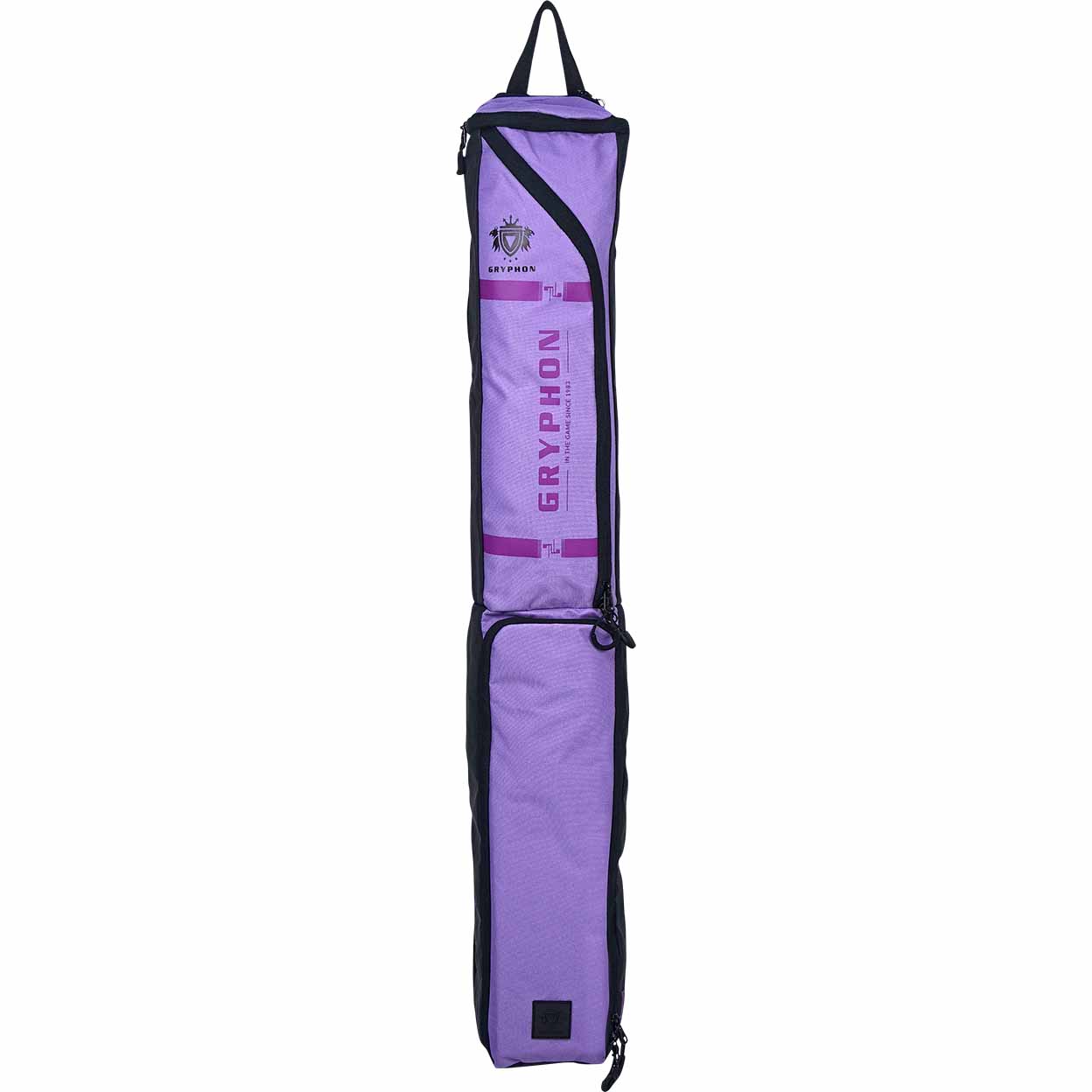 Purple and black Gryphon hockey stick bag on a white background