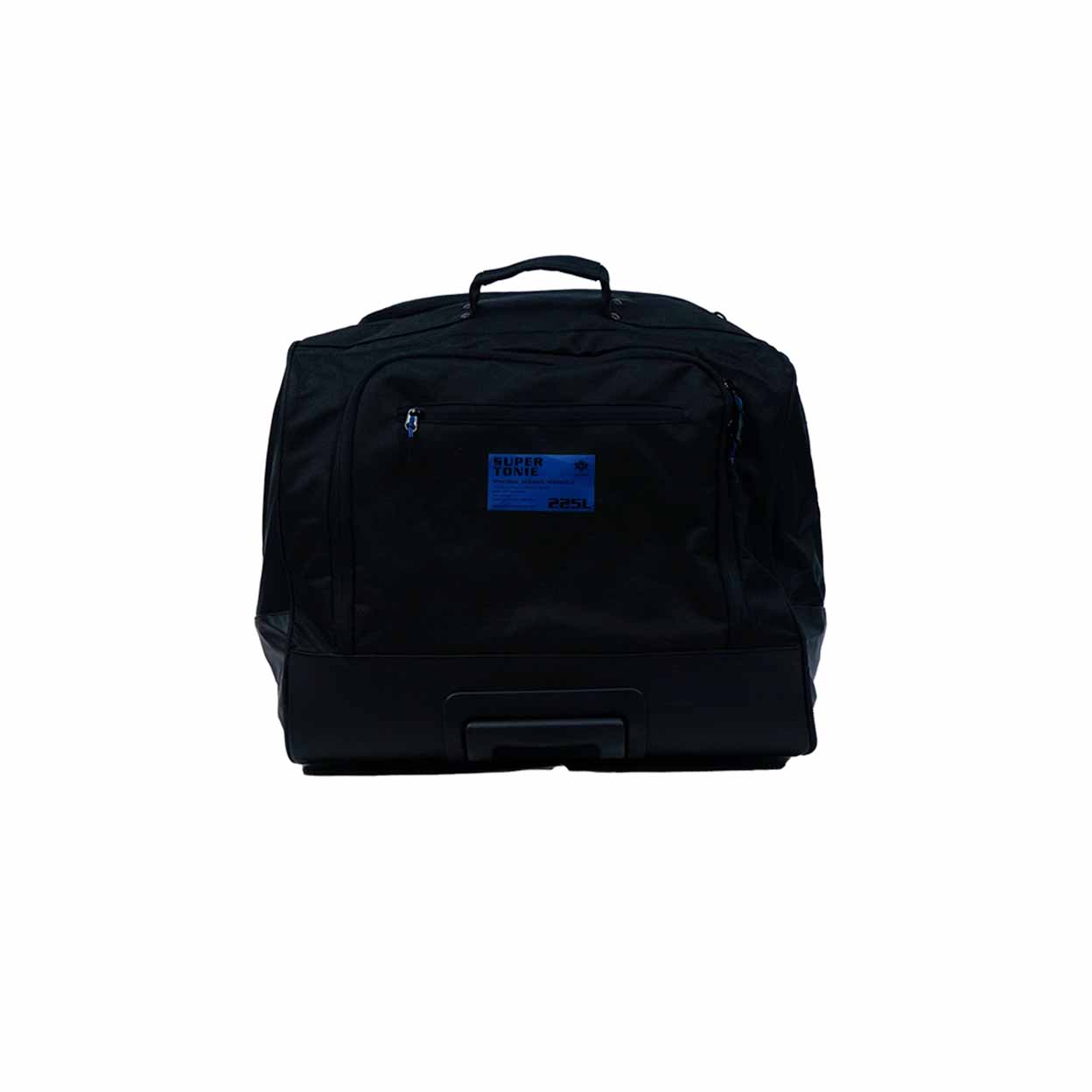 Black bag with a blue label on a white background