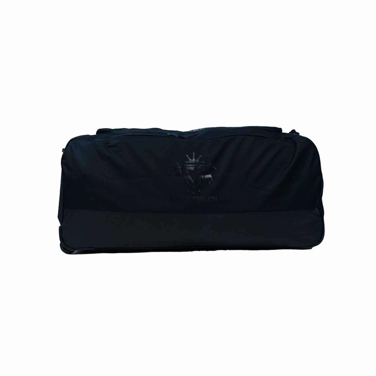 Black duffel bag with a brand logo on a white background