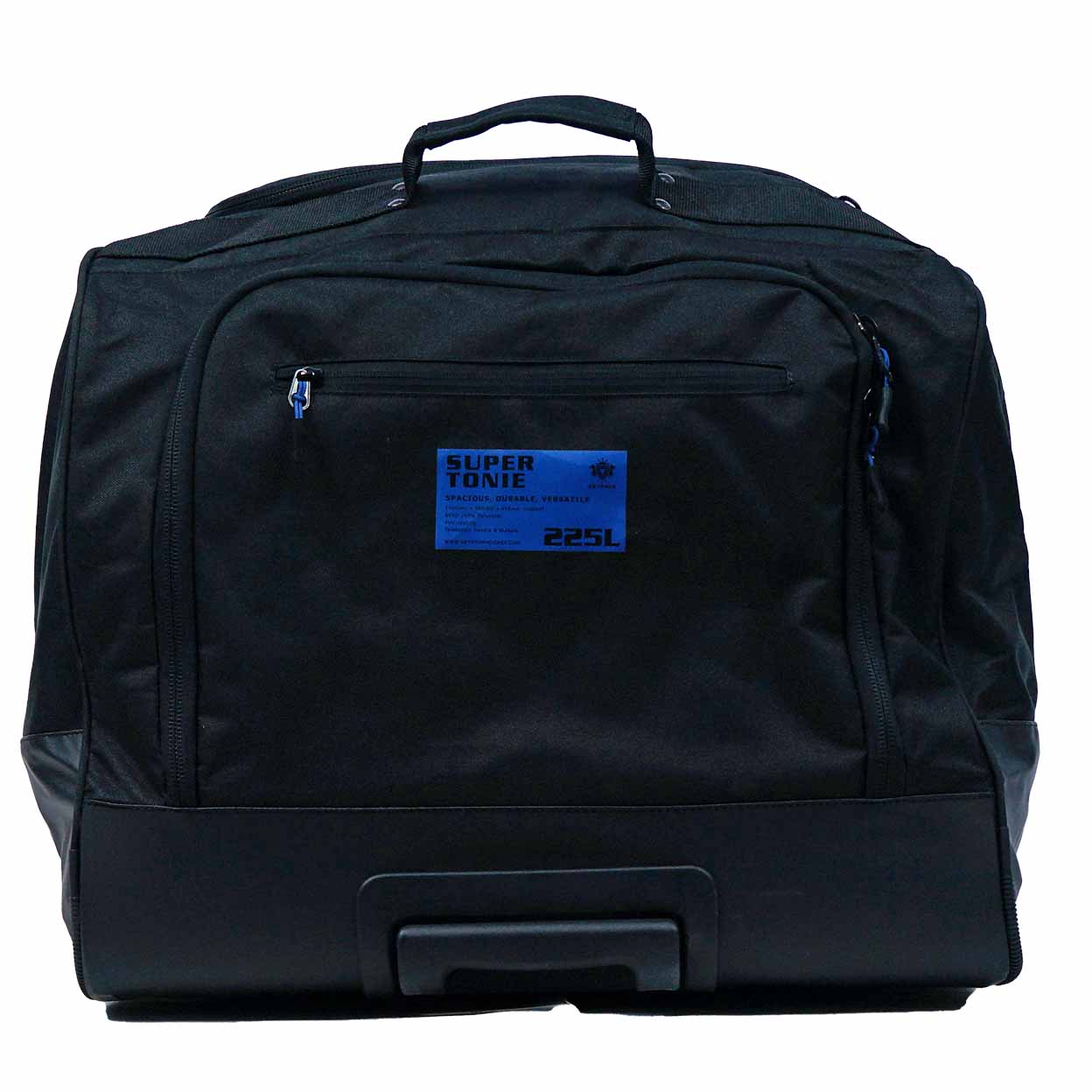 Black travel bag with a blue label on a white background