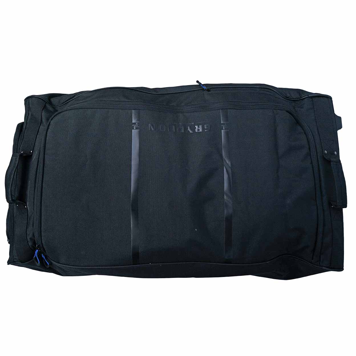 Black duffel bag with visible brand name on a white background