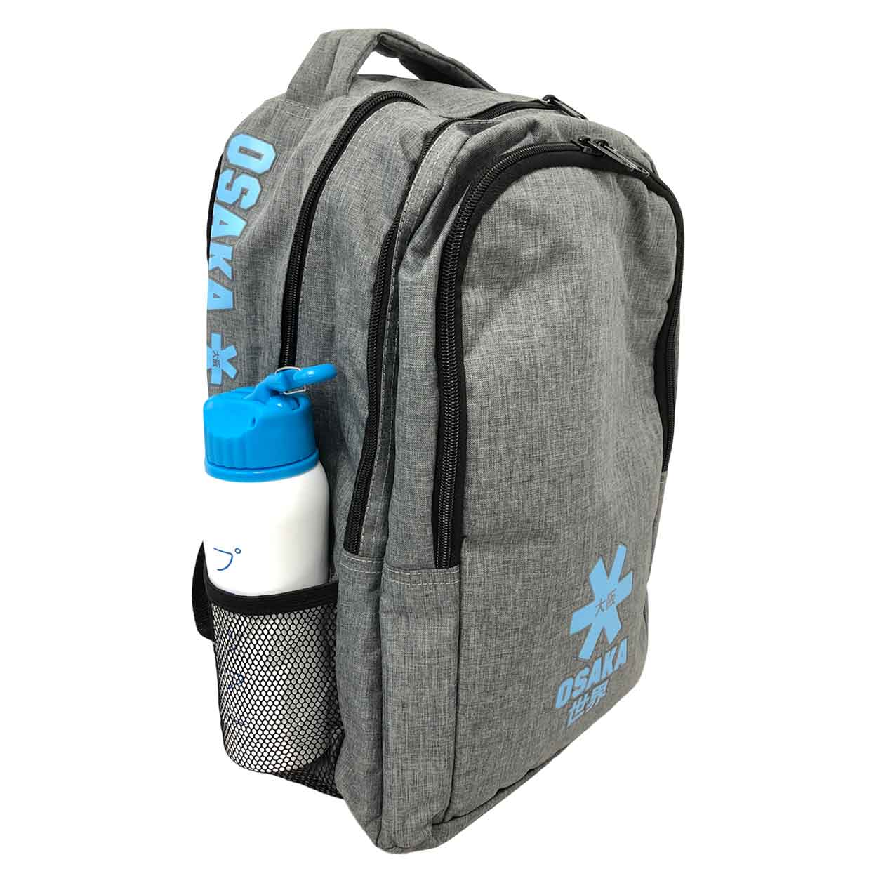 side view of the grey Osaka field hockey backpack with stick 