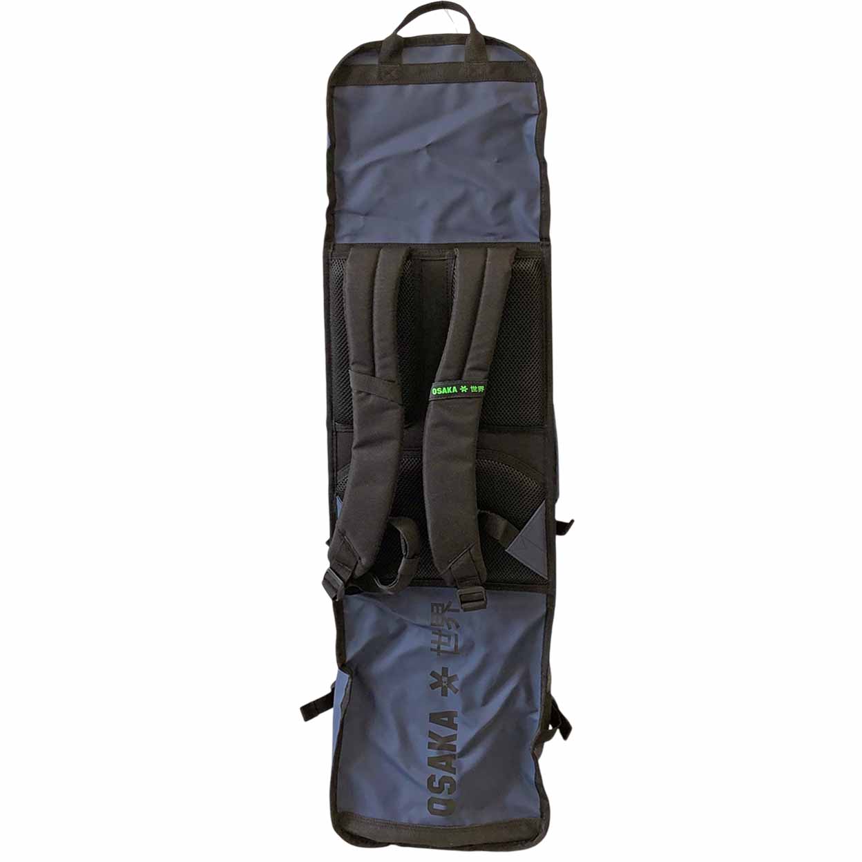 A dark blue and black Osaka stick bag shown from the back, featuring padded shoulder straps, a top carry handle, and the vertical Osaka branding on the lower section.