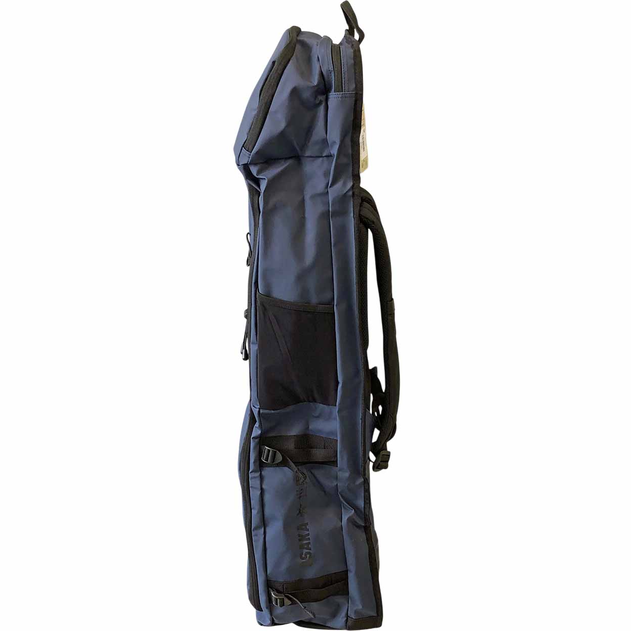 A dark blue stick bag shown from the side against a plain white background, featuring black straps, buckles, and mesh pockets.