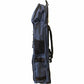 A dark blue stick bag shown from the side against a plain white background, featuring black straps, buckles, and mesh pockets.