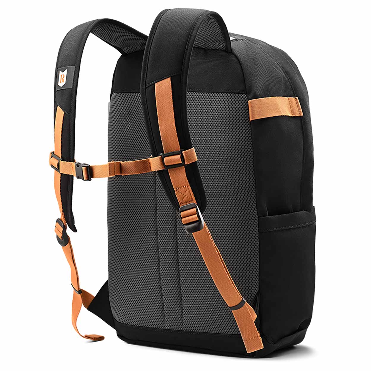 back of the black backpack on a white background