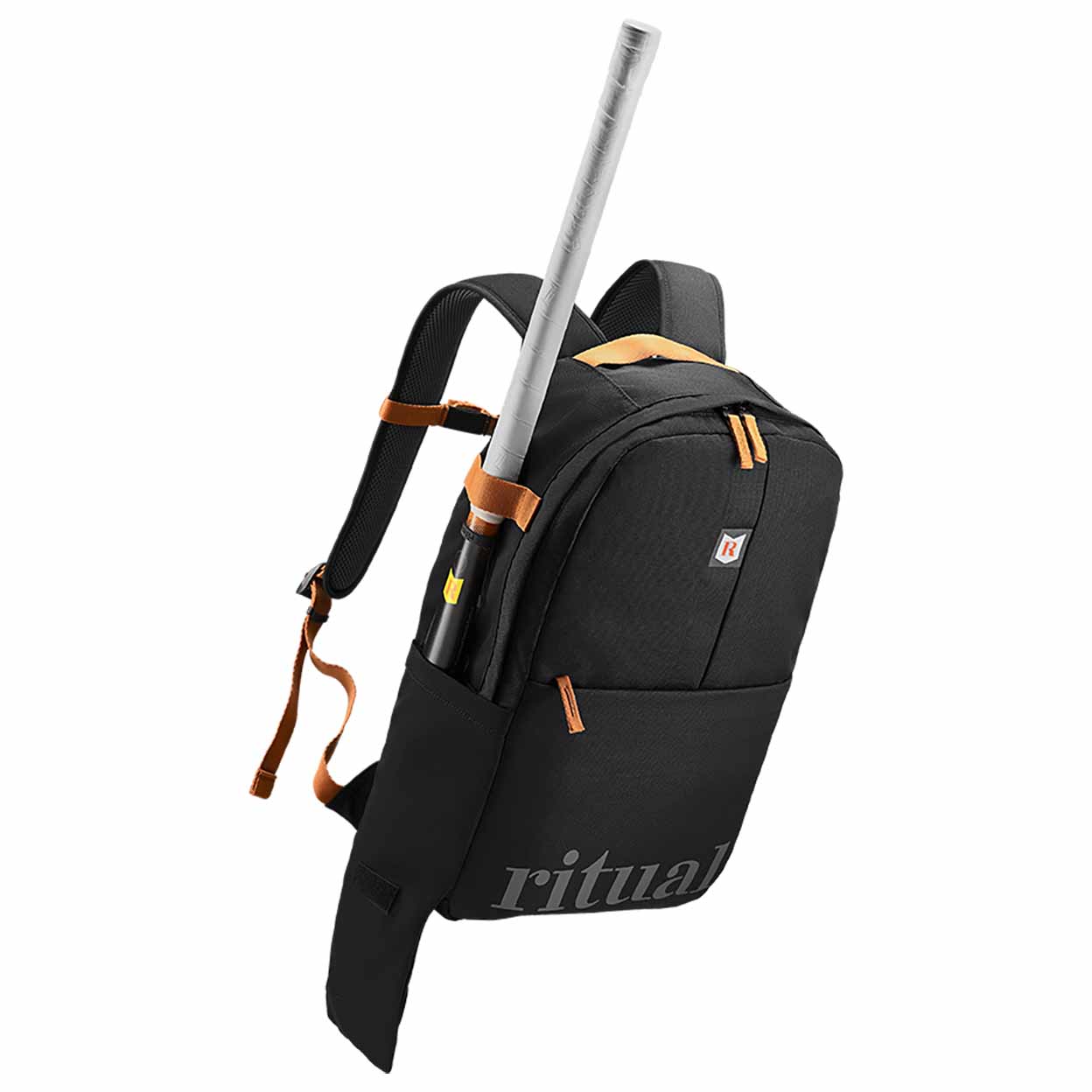 angled black backpack on a white background