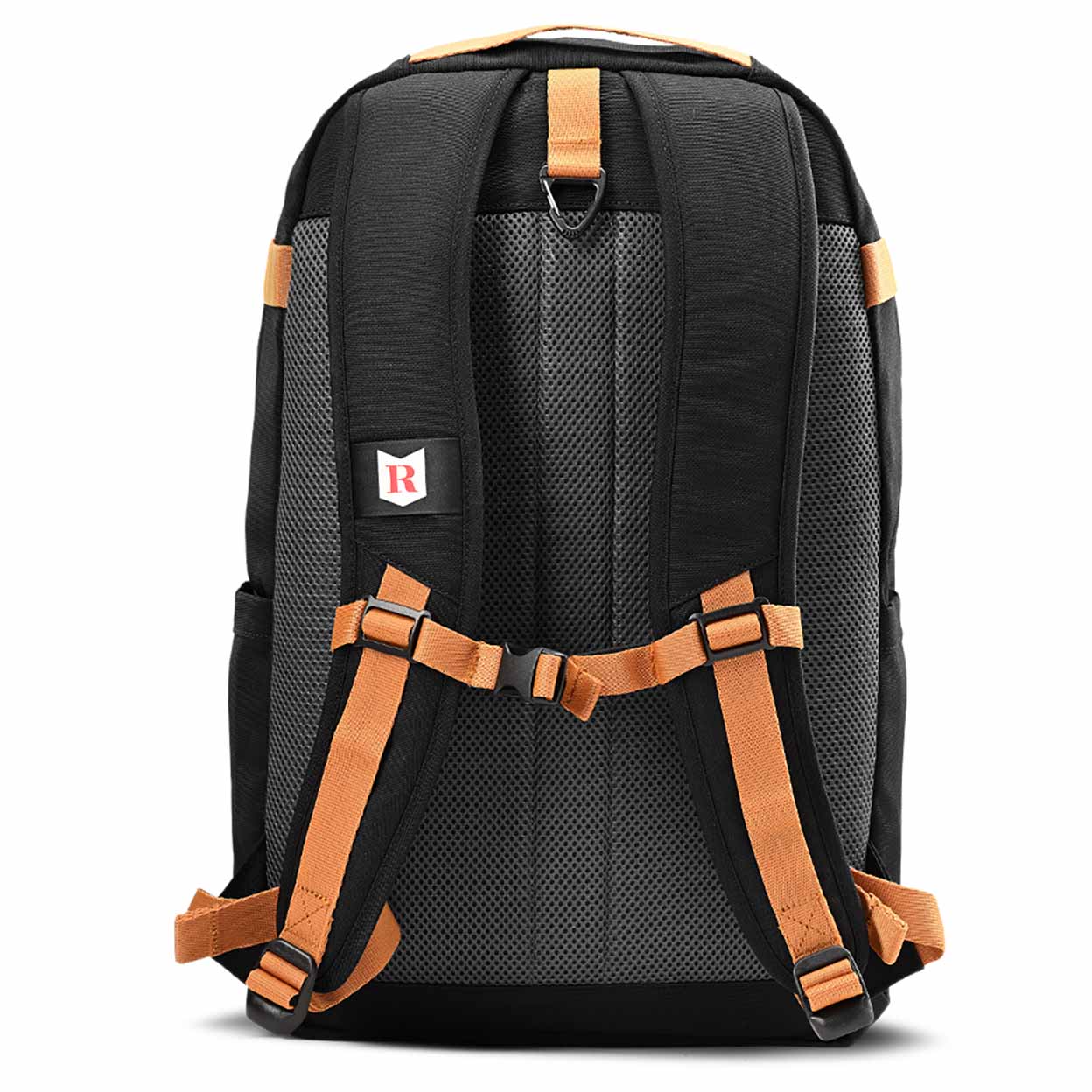 back of the Black backpack with brown straps on a white background