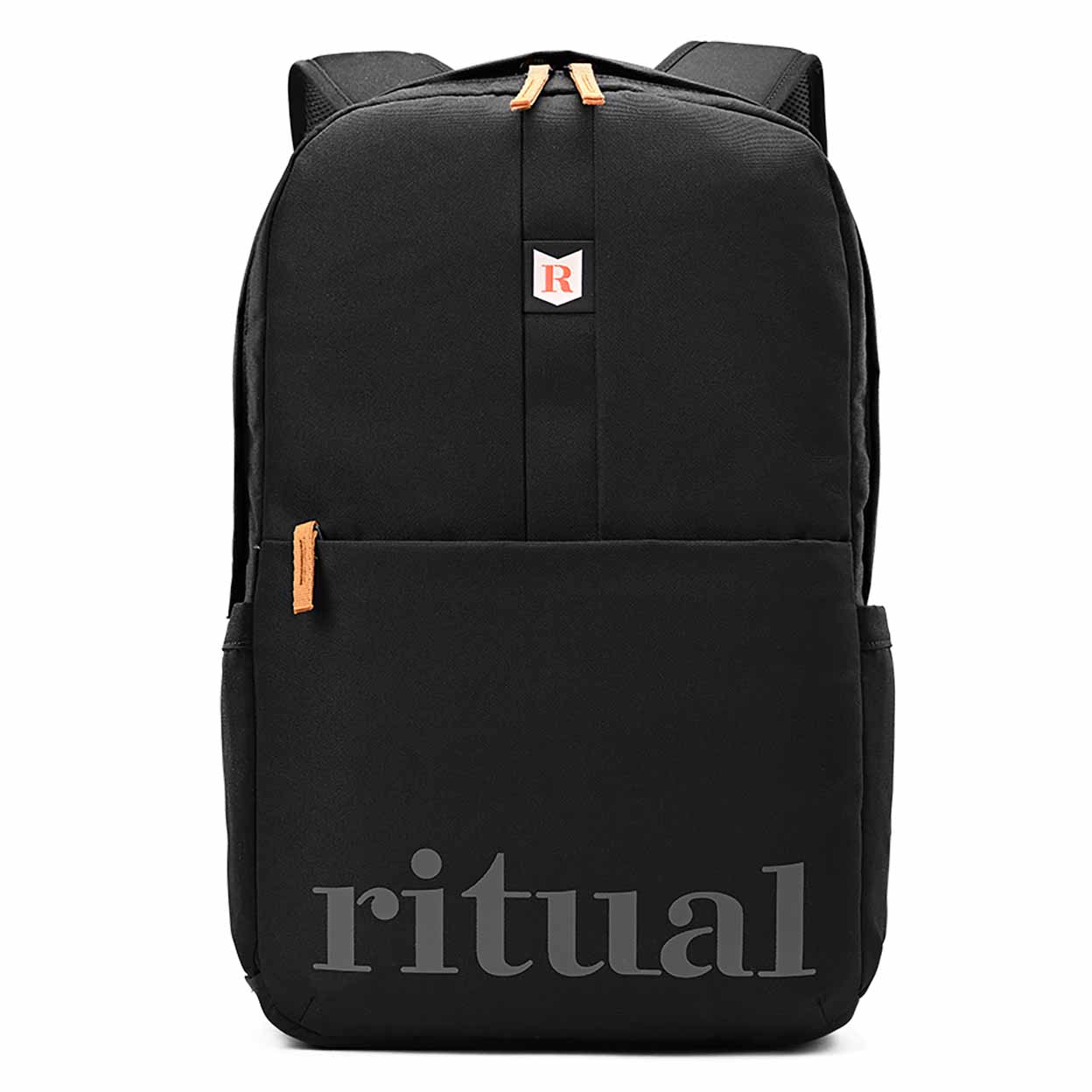 Black backpack with 'ritual' branding on a white background