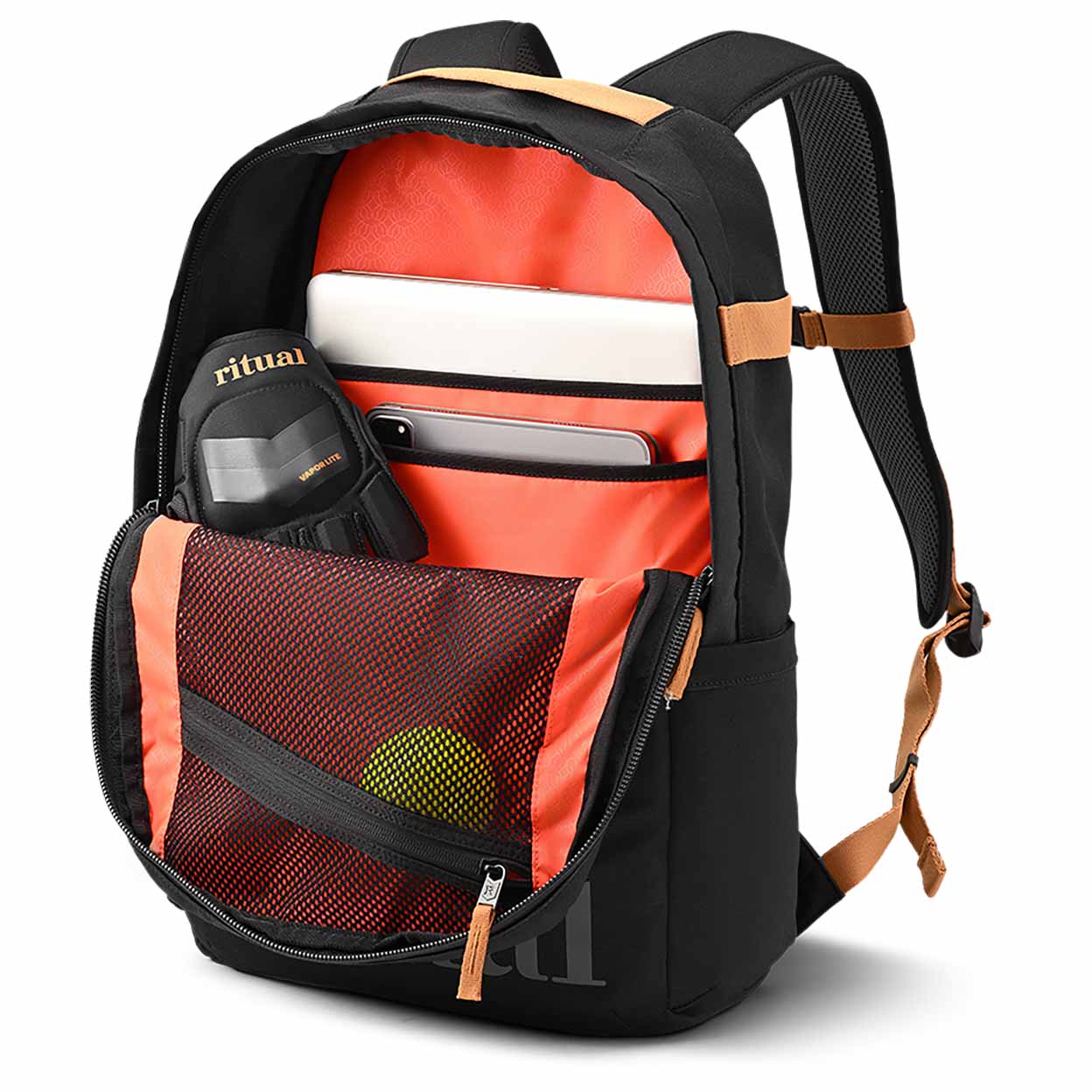 Black backpack with orange interior and multiple compartments on a white background