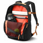 Black backpack with orange interior and multiple compartments on a white background