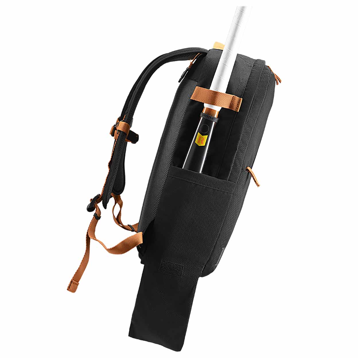 Black backpack with a field hockey stick holder on a white background