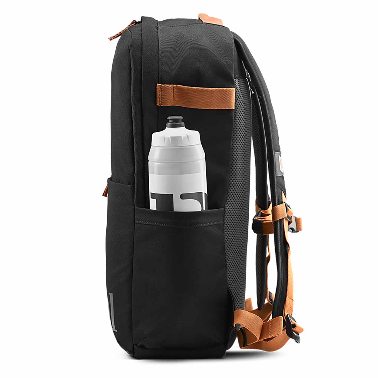 Black backpack with a water bottle in a pocket on a white background