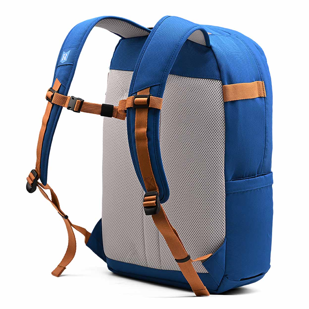 Blue backpack with brown straps on a white background