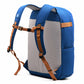 Blue backpack with brown straps on a white background
