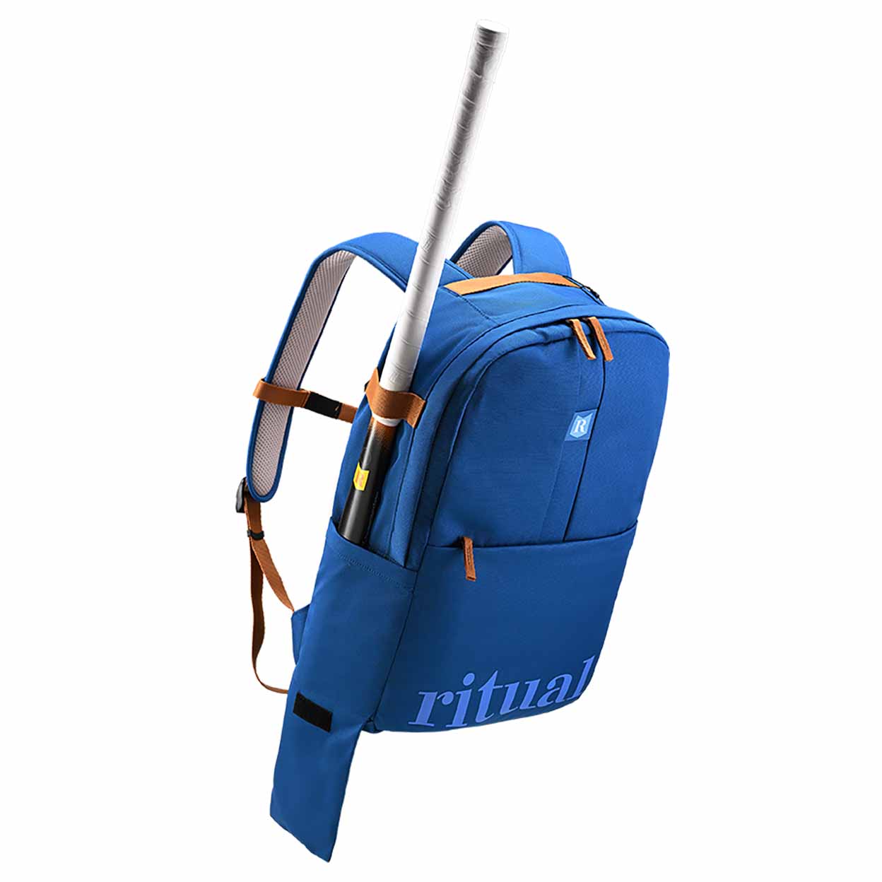 Blue backpack with a field hockey stick on a white background