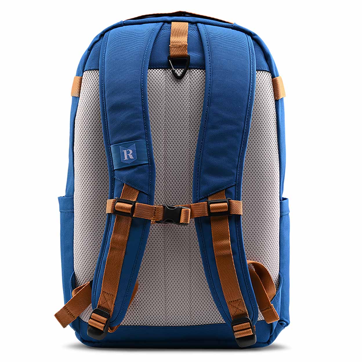 Back of a Blue backpack on a white background
