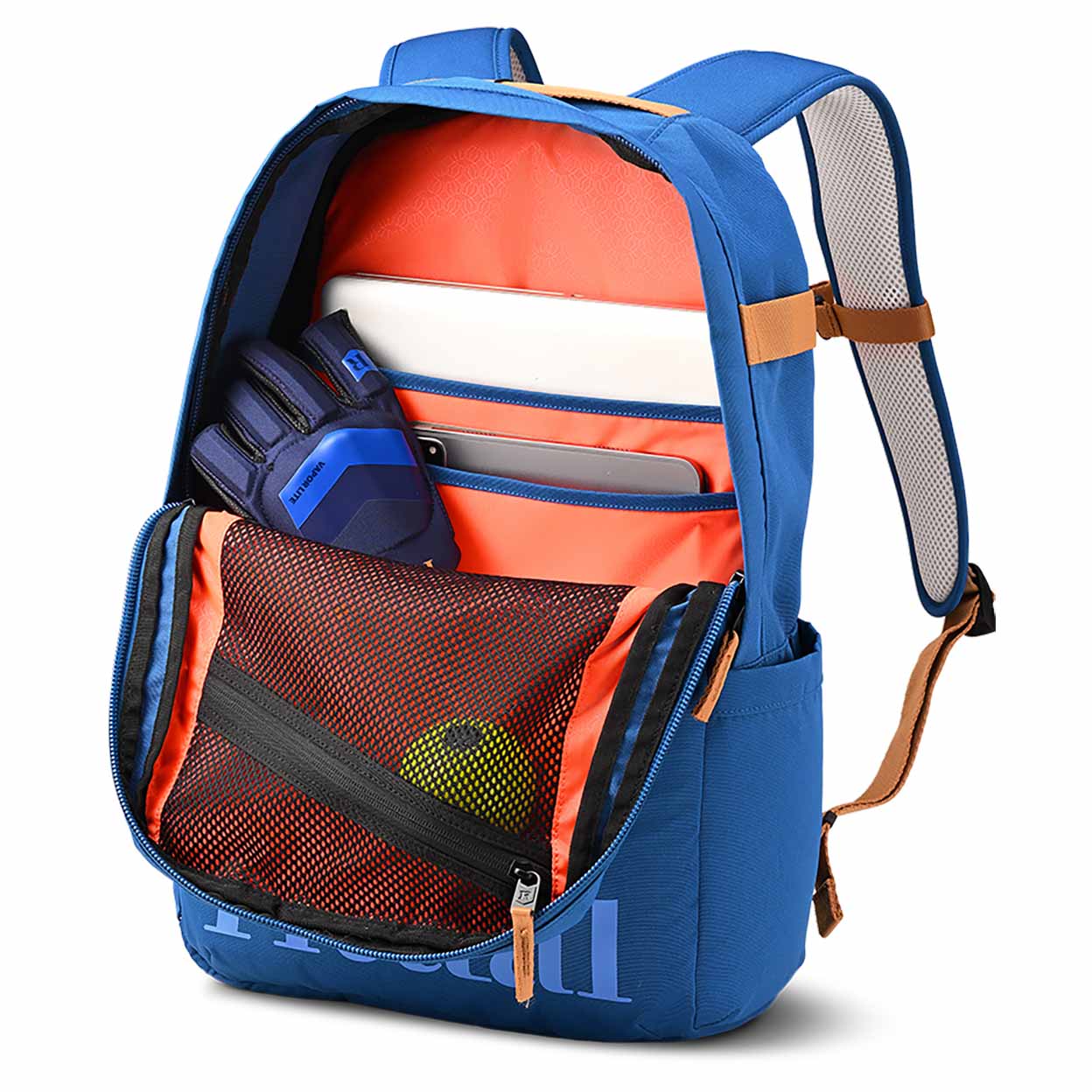 Open Blue backpack on a white background